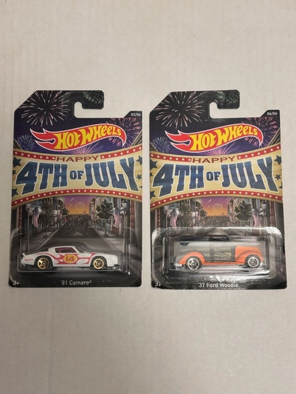 Hot Wheels Happy 4th of July Set of 2, ‘81 Camaro, ‘37 Ford Woodie